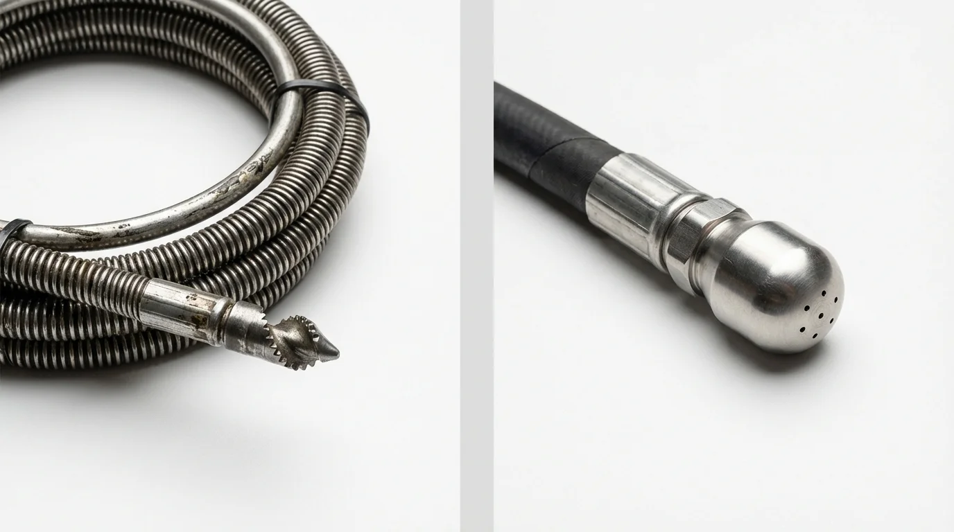 Drain snake cable and hydro jetting nozzle used for drain cleaning in Oakwood, GA