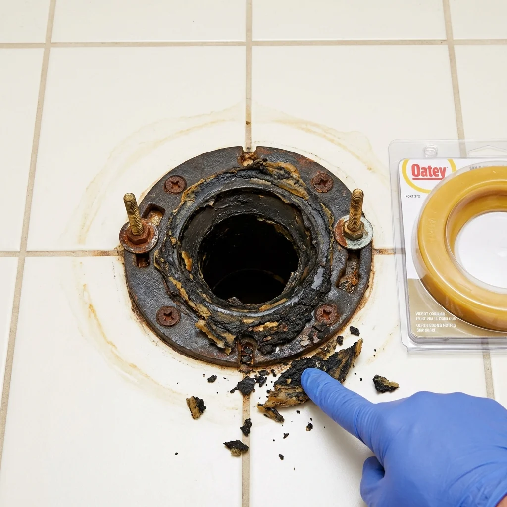 Failed wax ring showing water seepage at the base of a toilet in a Oakwood, GA home