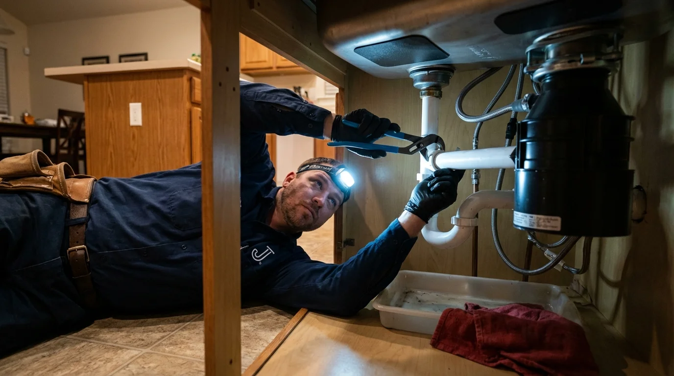 P-trap and supply line connections under a kitchen sink showing a common leak point in Oakwood, GA